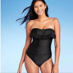 Kona Sol Black Women's Crochet Flounce High Coverage One Piece Swimsuit